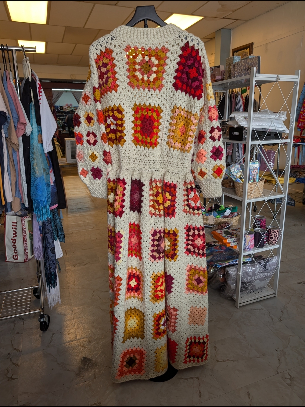 Boho Crochet Long Cardigan Sweater in Cream with Multicolor Squares - Picture 2 of 5